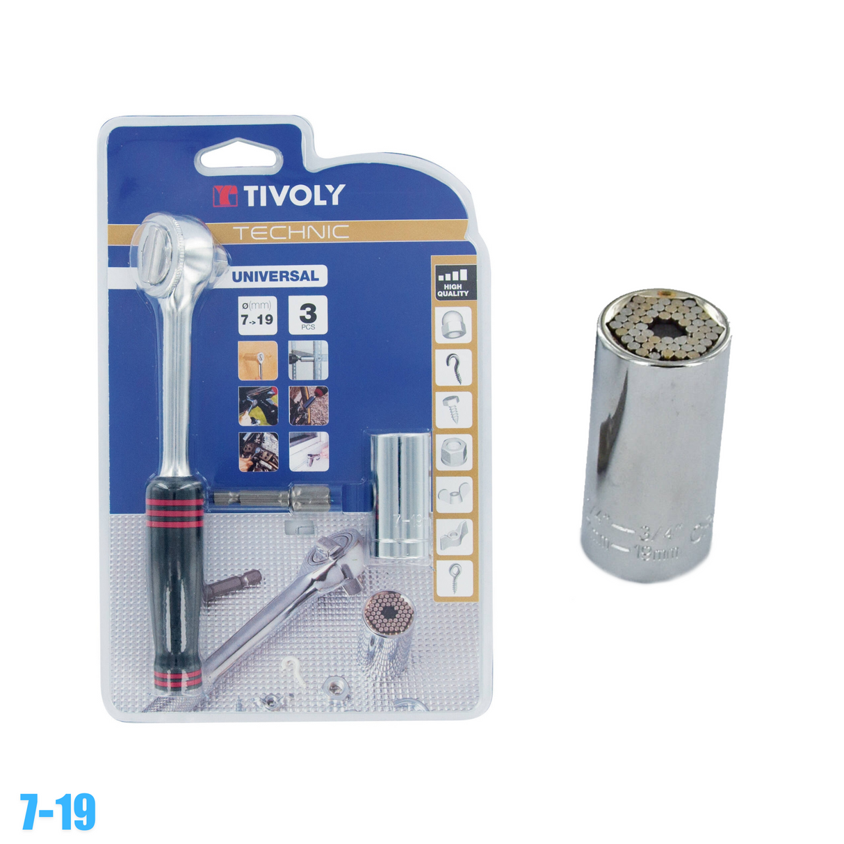 Cheie tubulara universala cu pini + antrenor clichet si adaptor 3/8" Tivoly