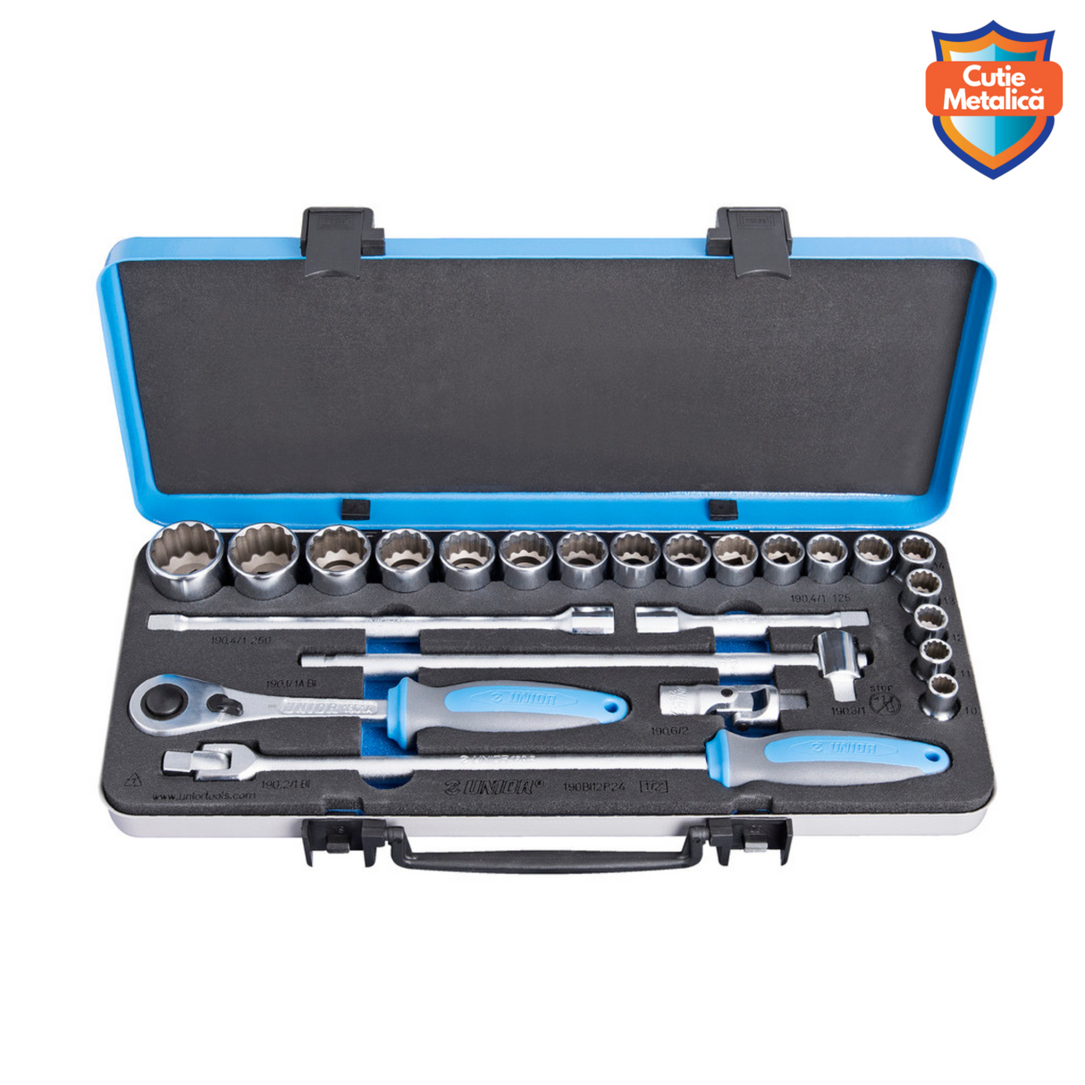 Set chei tubulare 1/2" + antrenor clichet si accesorii Unior - 24 piese