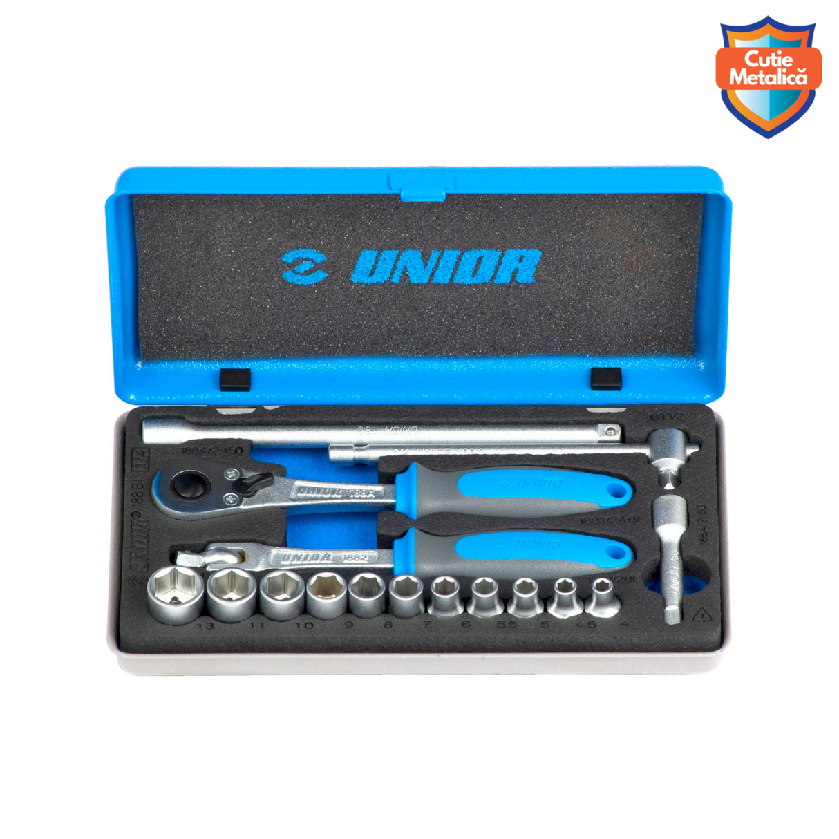 Set chei tubulare 1/4" + antrenor clichet si accesorii Unior - 16 piese