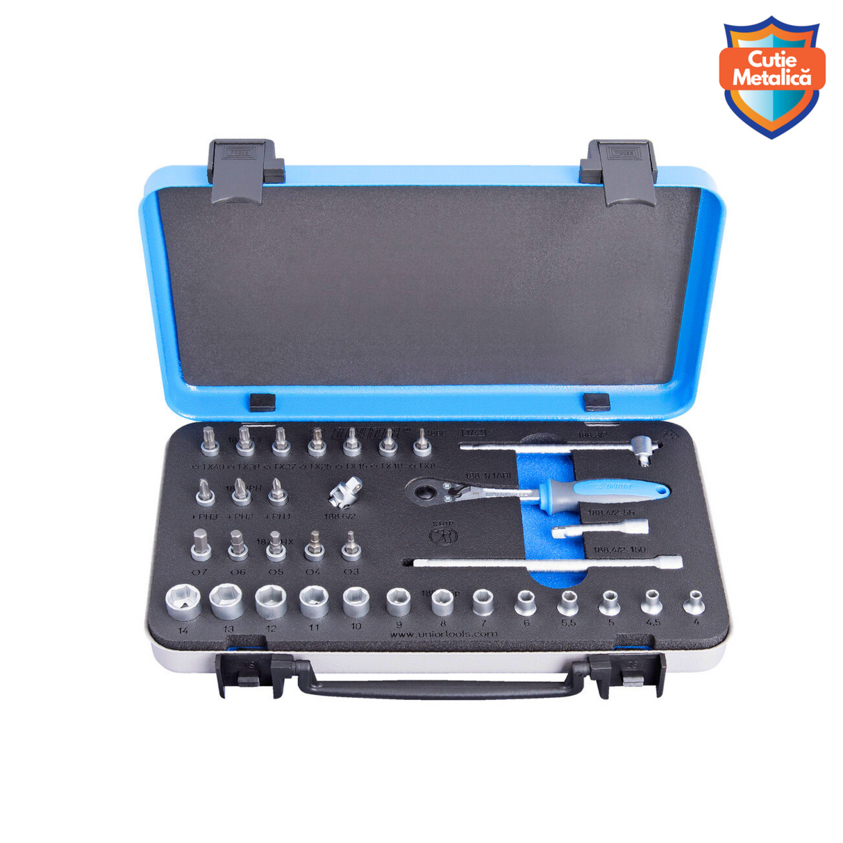 Set chei tubulare si biti 1/4" + antrenor clichet si accesorii Unior - 33 piese