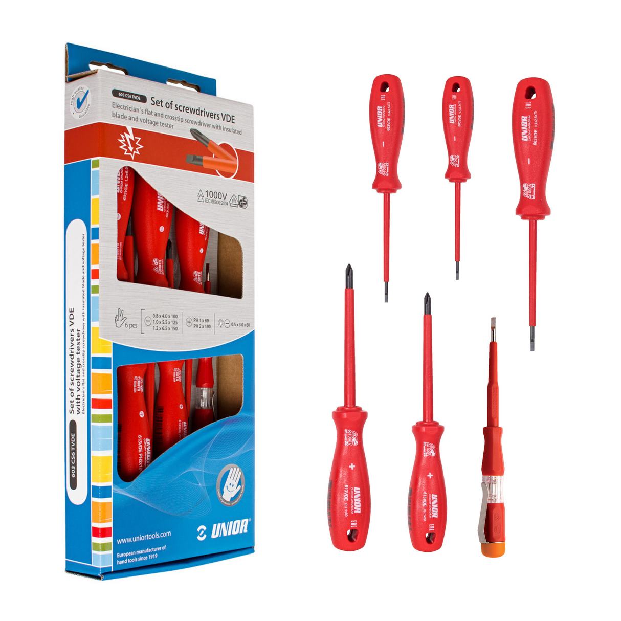 Set of 5 screwdrivers insulated at 1000V + voltage tester Unior