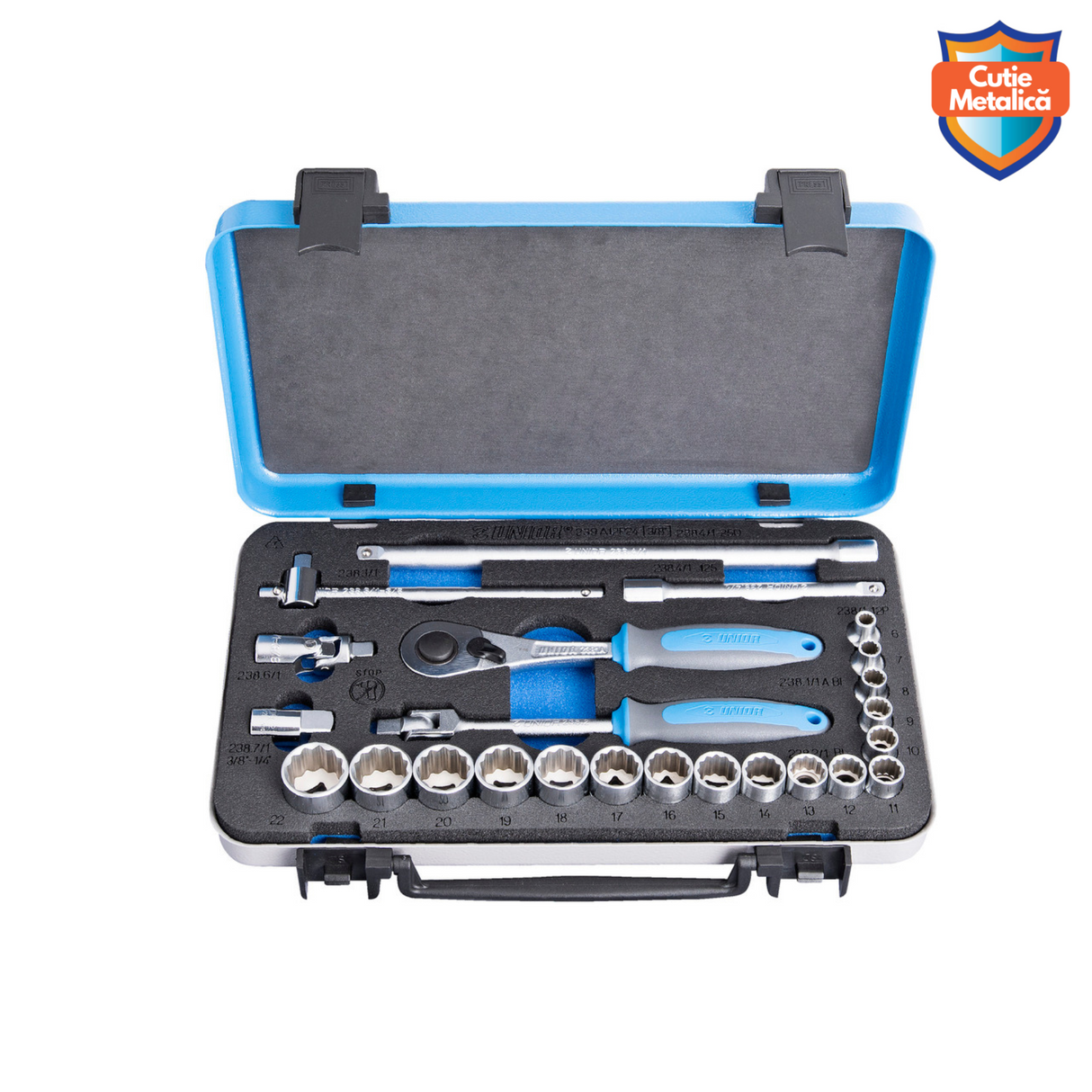 Set chei tubulare 3/8" + antrenor clichet si accesorii Unior - 24 piese