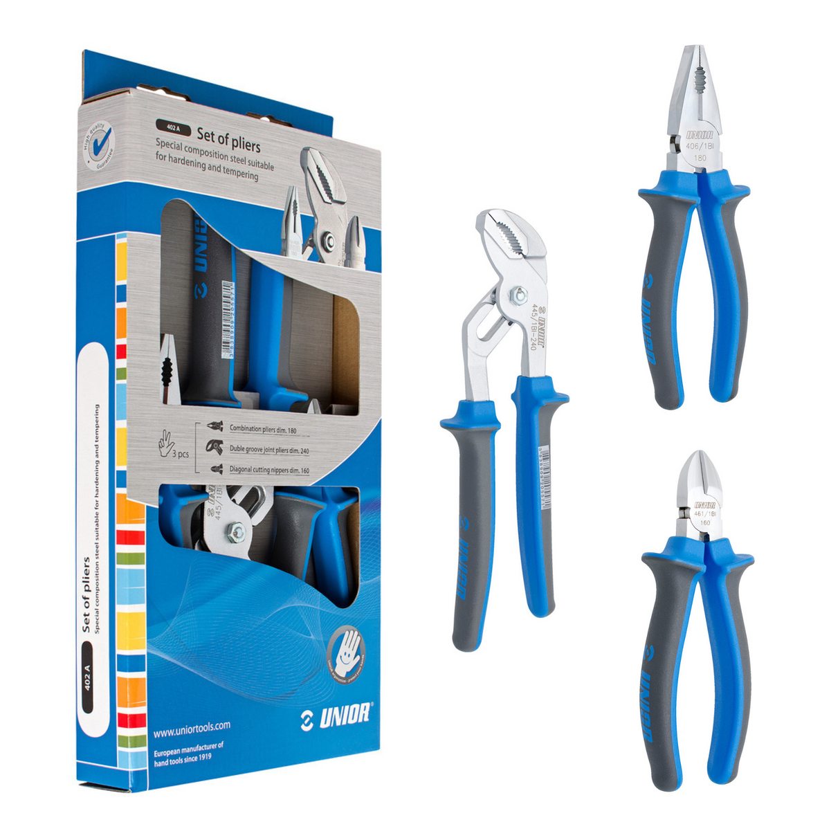 Set de 3 clesti cu maner bimaterial Unior