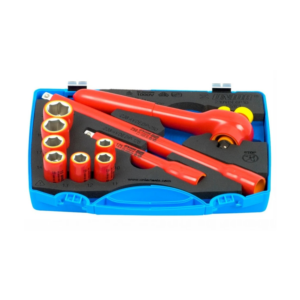 Set chei tubulare + antrenor clichet 3/8" izolate la 1000V Unior - 10 piese